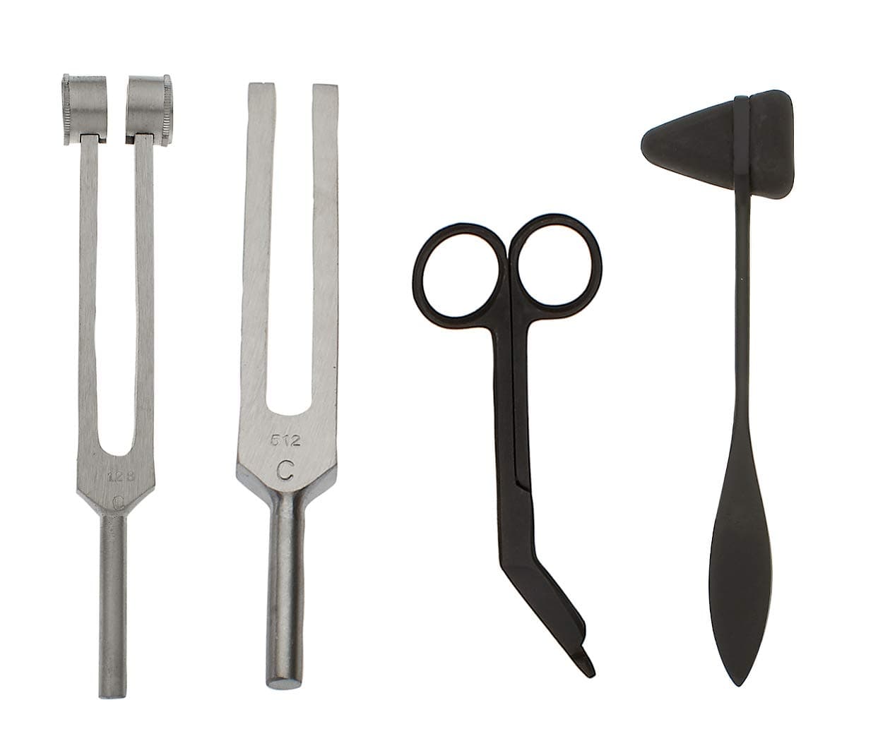 SURGICAL ONLINE Tactical Black - Set of 4 pcs Reflex Taylor Hammer Mallet Tuning Fork c 128 512 Hz Bandage Scissors 5.5"
