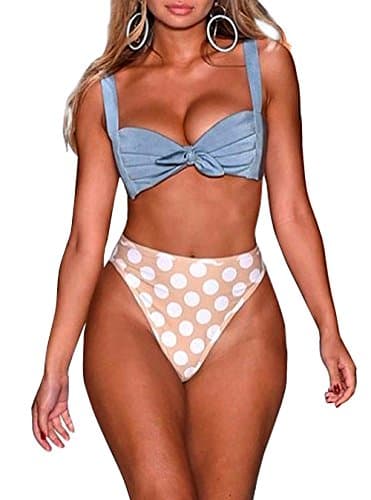 Mitang Women's 2 Pieces Vintage Pleated Tie Knot Front High Waist Thong Bikini Sets Swimsuit Blue