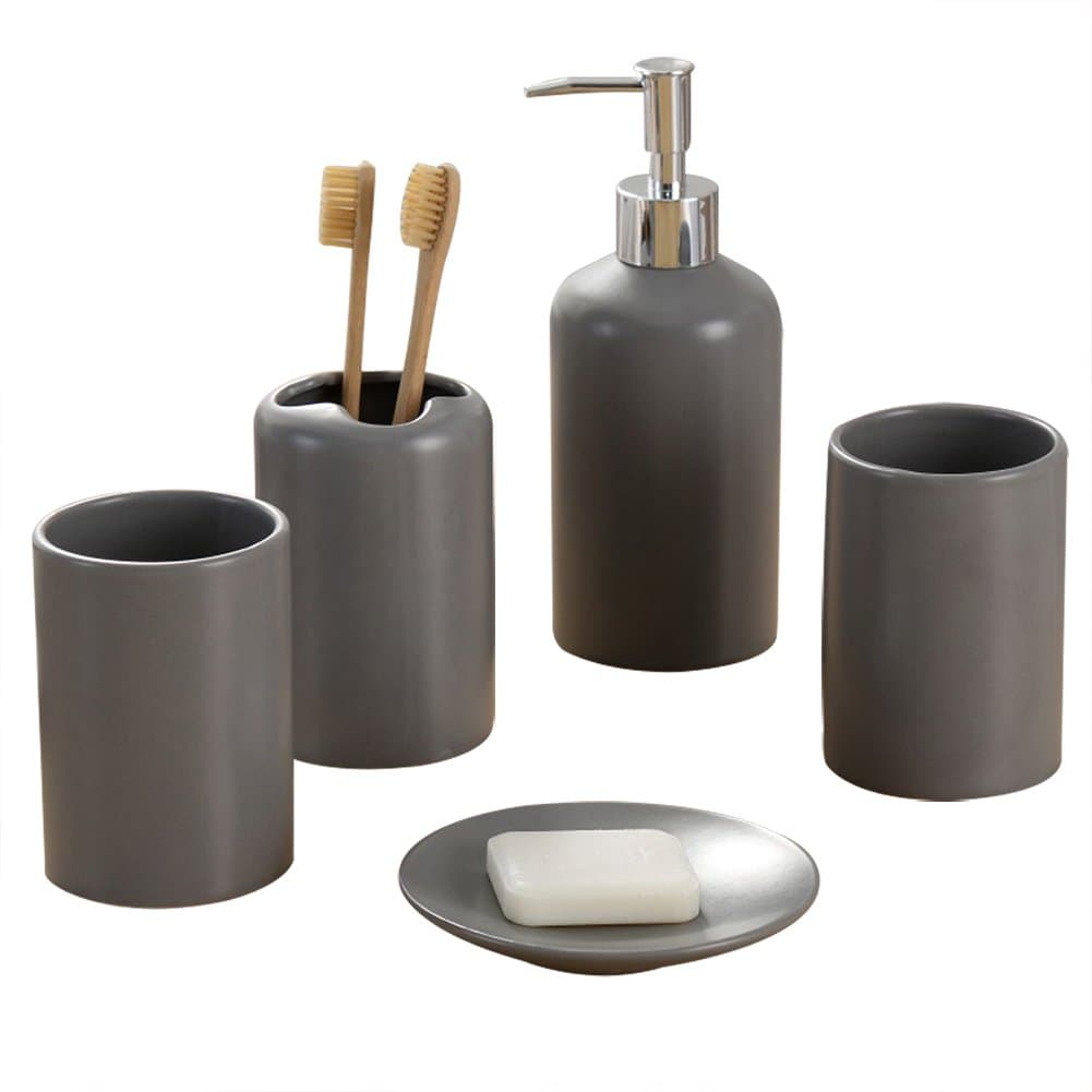 NarwalDate 5 pieces Bathroom Toiletries Accessory Set, Includes Decorative Countertop Soap Dish & Dispenser, Tumbler, Toothbrush Holder (Gray)