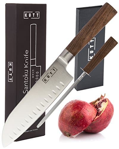 Kutt Chef Knife, Razor Sharp and Rust-Free Professional Santoku Knife for Budding Kitchen Cooks and Pro Chefs, German Stainless Steel, 7 Inch Blade Sharpener Included …