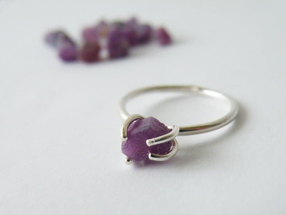 Rough Ruby Ring Untreated Ruby Rustic Engagement Ring 40th Anniversary Silver Prongs Natural Jewelry