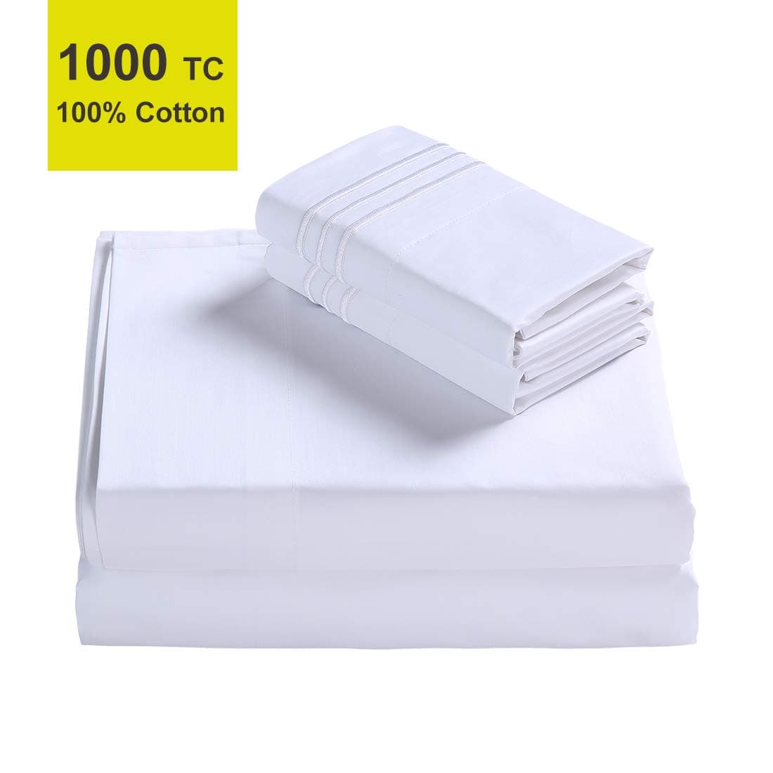 EMONIA Cotton Fitted Sheets True Luxury 100% Egyptian Cotton Bed Sheets 1000 Thread Count King Size Sheets Set 4 Pc Super Soft Bed Sheet Fits Up to 12" Inches Deep Pocket (White, King)