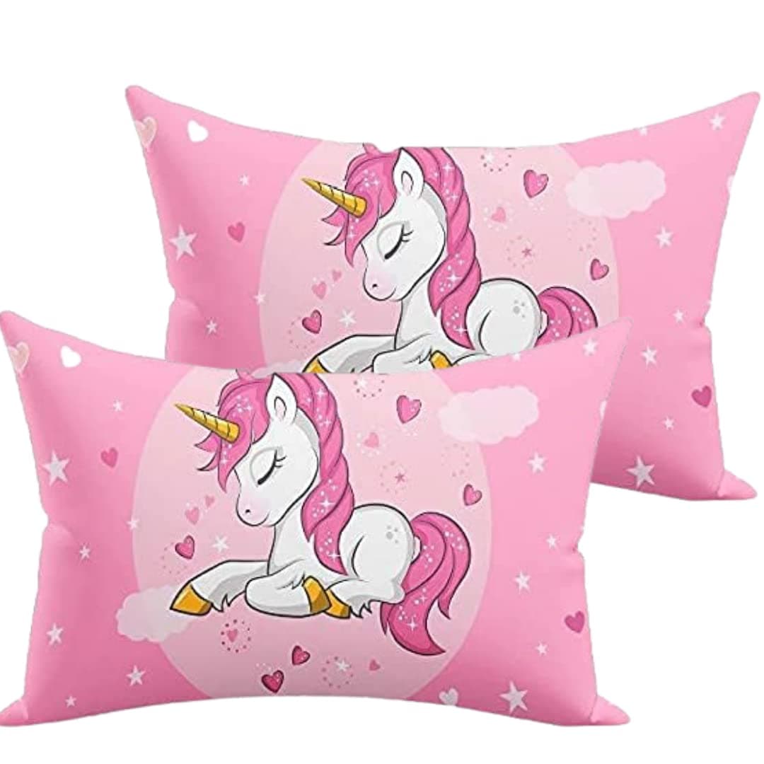 Velvet Unicorn Design Printed Kids Cartoon Pillow Fiber Filled Size 12x18 Inches (Pink) (Pack of - 2)