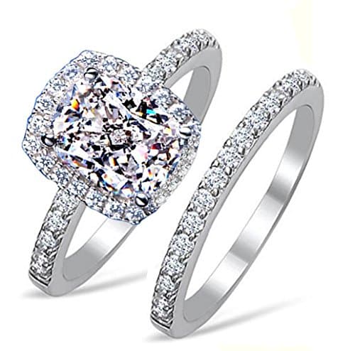 Supreme 101 Facets 2 Carat Rectangular Cushion Cut NSCD Simulated Diamond Ring Band Set Solid 925 Silver Halo Design