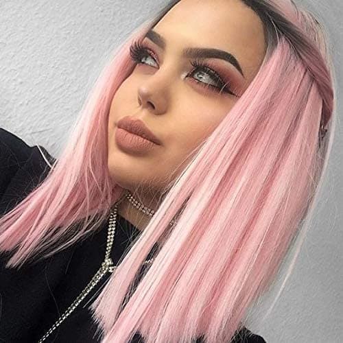 Kryssma Baby Pink Synthetic Wig Bob with Dark Roots Middle Part Short Ombre Wigs for Women Heat Resistant