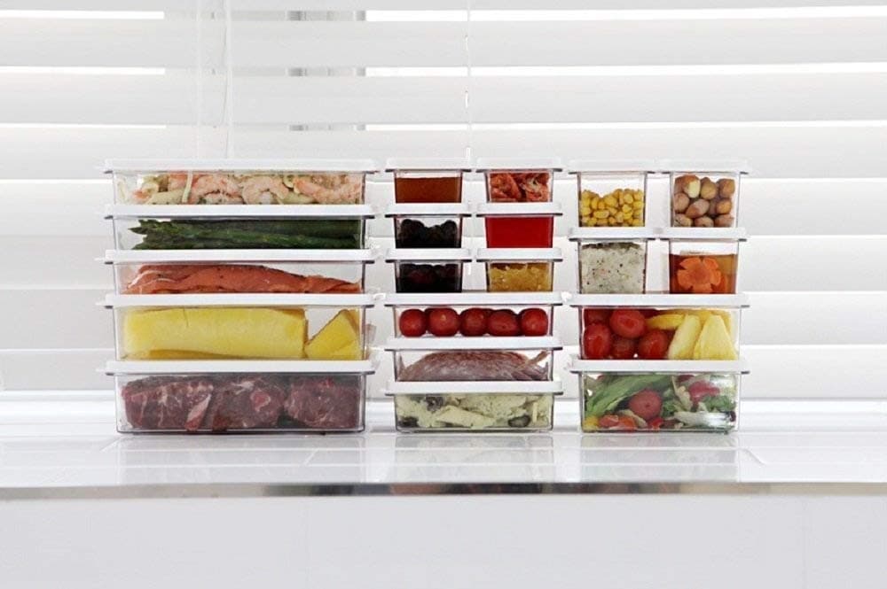 Kitchen Refrigerator Organizer, Fridge and Freezer Storage, Food Containers with Lids S1(6P)+S2(4P)+M1(2P)+M2(2P)+L1(3P)+L2(2P), Set of 20, Clear