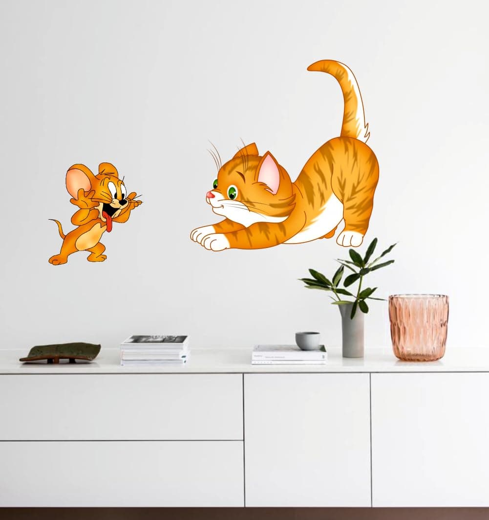 Decals Creation Jarry and Cat Wall Sticker for Living Room, Kids Room, Pooja Room (Size - 28CM X 40CM)