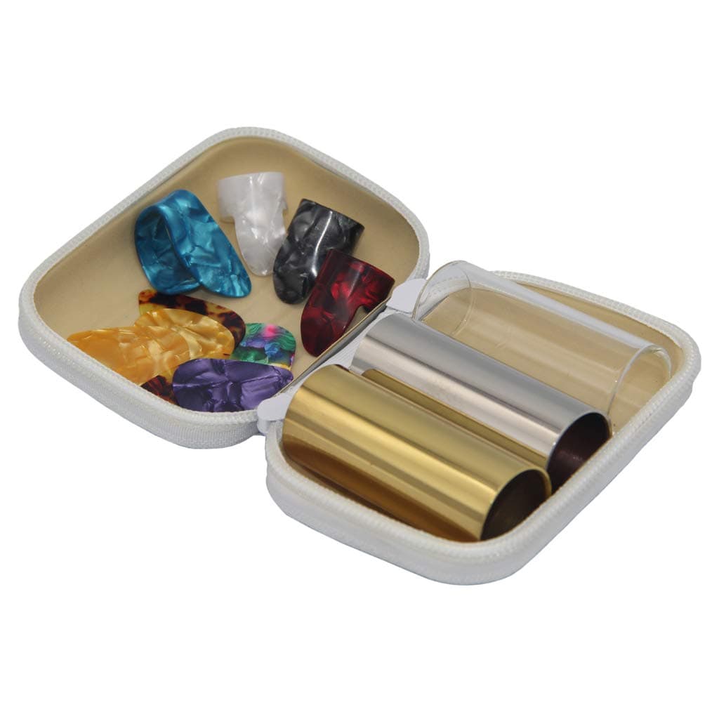 3 Pieces Medium Guitar Slides (Include 2 Colors Stainless Steel, 1 Pieces Glass), 6 Pieces Guitar Picks and 4 Pieces Plastic Thumb & Finger Picks in Zipper box