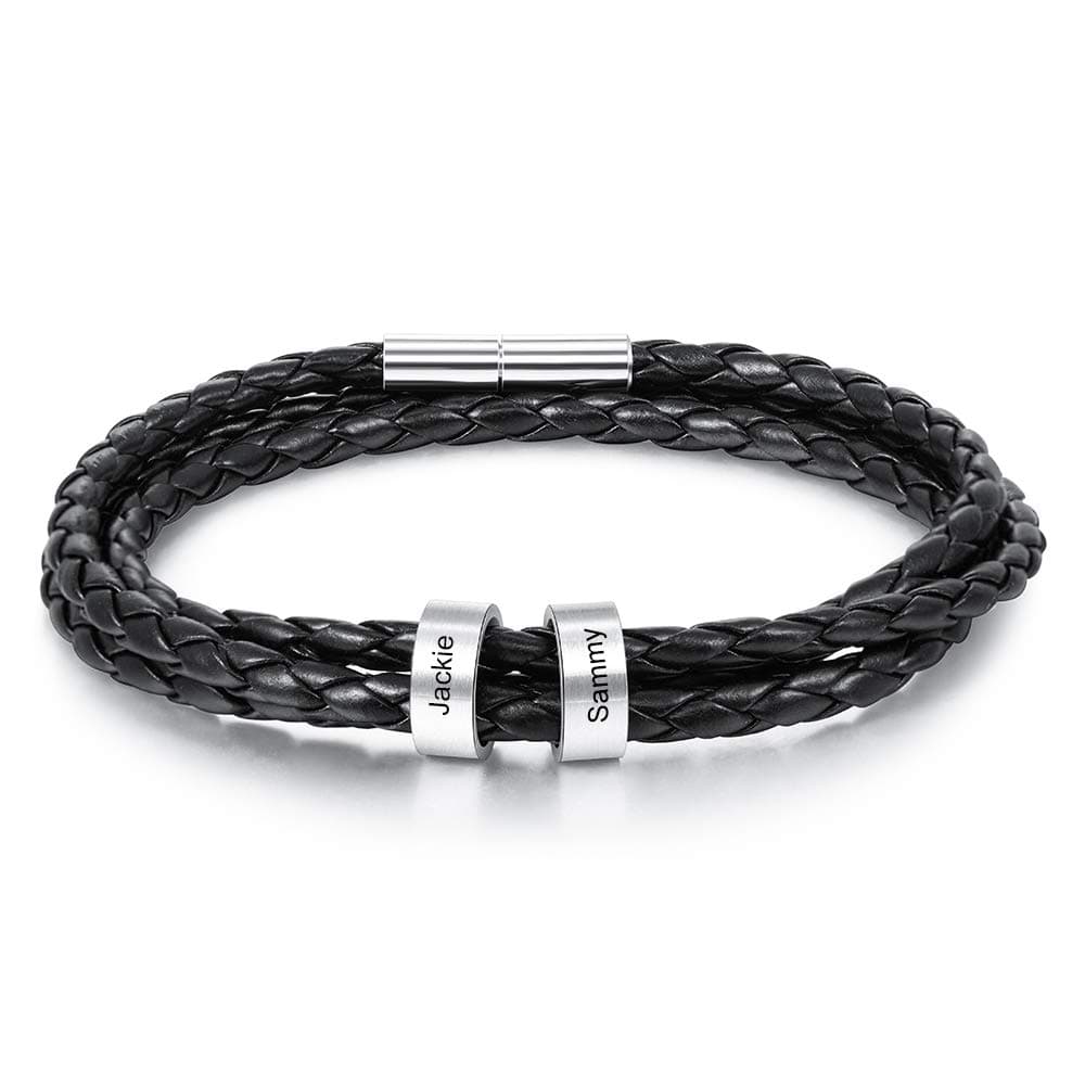Personalised Leather Mens Bracelets Silver Name Beads Charm Bracelets for Dad Hand Stamped Custom Father Engraved 1 to 5 Family Name ID Identity Braid Bracelet