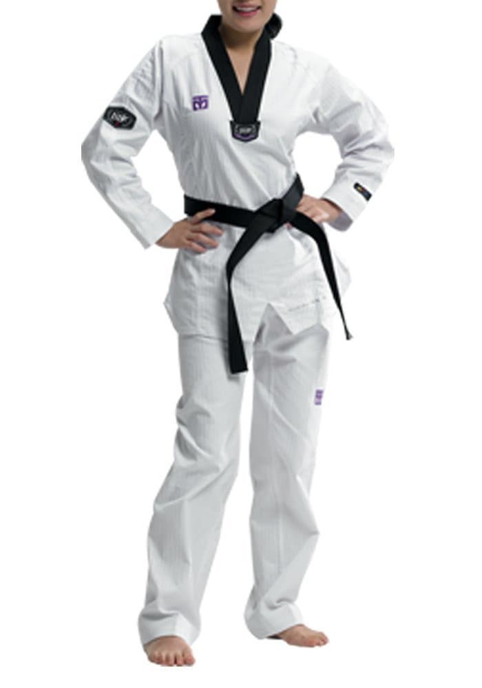 Mooto Taekwondo 3f Woman's Uniform Fashion Slim Fit TKD Dobok Black V-Neck with Free One Patch WTF 0 to 6 (190(us5)(5.90~6.23ft or 180-190cm))
