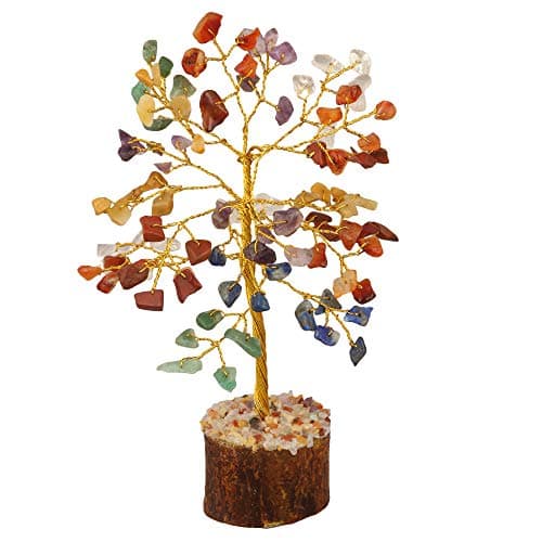 YATHABI Seven Mix Chakra Balancing Feng Shui Crystal Ornament Figurin Tree of Life Natural Aura Cleansing Gemstone Money Bonsai Good Luck Gems Golden Wire (Size 7-8 Inch)