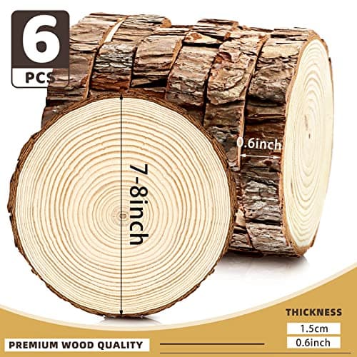 FSWCCK 6 Pack Nature Unfinished Wood Slices, 7-8 Inches Round Wooden Circle with Tree Bark, Large Rustic Wood Slabs for Weddings Centerpieces Decor and DIY Painting Crafts
