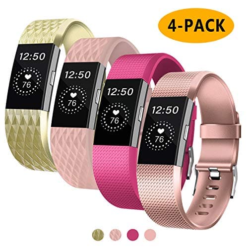 Fondenn Bands Compatible with Fitbit Charge 2 for Women and Men (4 Pack), Classic Adjustable Soft Silicone Sport Strap Replacement Wristband for Fitbit Charge 2