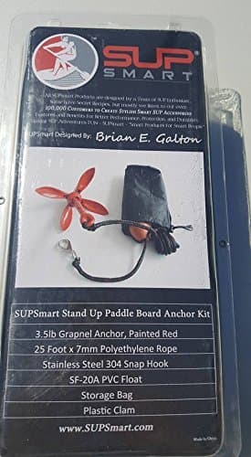 SUPSmart Stand Up Paddle Board Anchor Kit - Stabilizes SUP for Fishing, Snorkeling, or Fitness and Yoga. Includes 3.5 lb Grapnel Anchor, 25' Rope, Stainless Steel Snap Hook, PVC Float, and Storage Bag