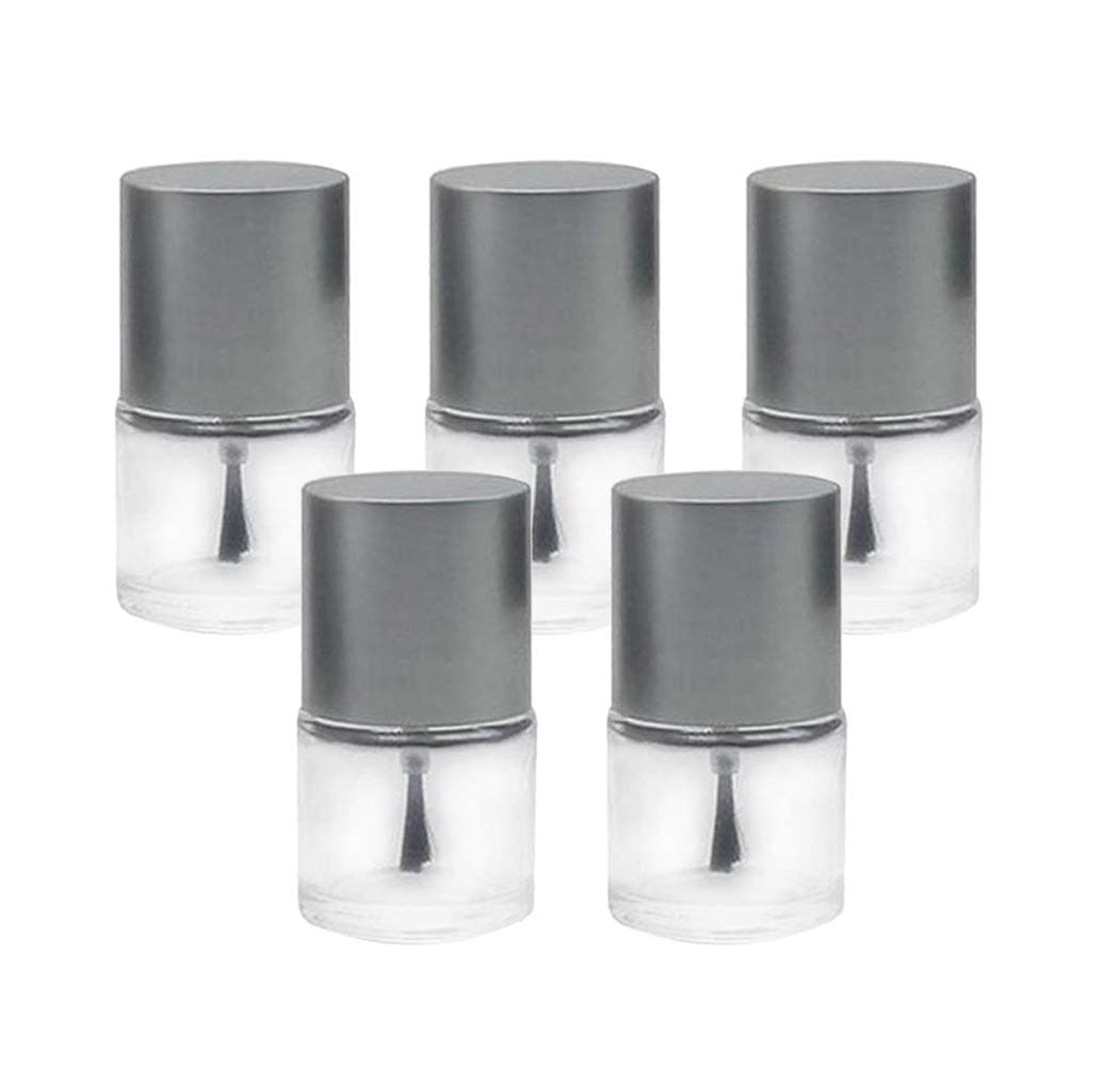 5PCS 10ml/0.34oz Empty Clear Glass Nail Polish Bottles Set Cosmetic Jars Container Vial with Scew Top Cap and Soft Brush for DIY Nail Art Make Up(Silver Lid)