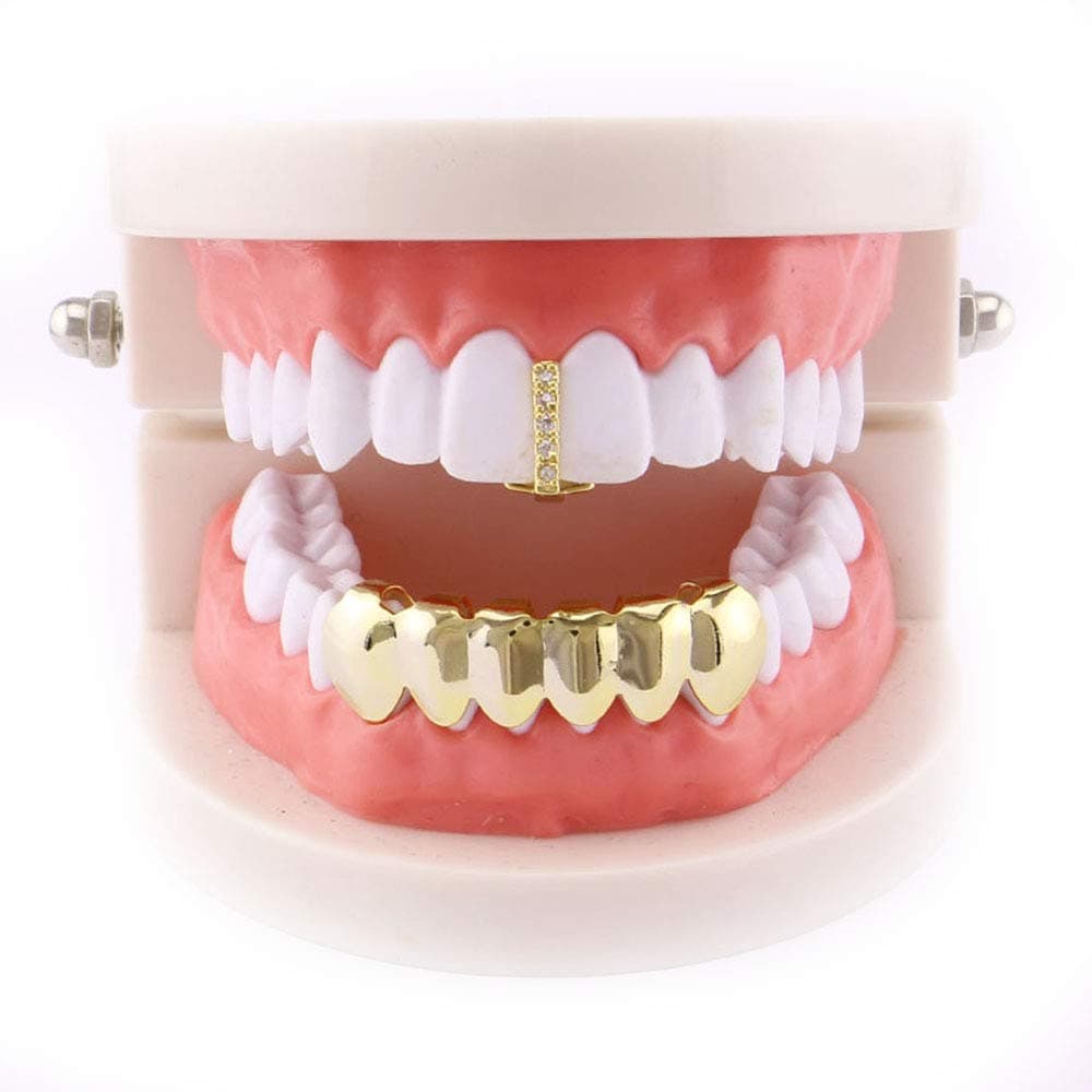Yzibei Cool Unisex Creative Gold Plated Hip Hop Bling Tooth Set Top & Bottom Grill Teeth Caps - High Glossy for Adults Costume Party Accessories (Color : Gold)
