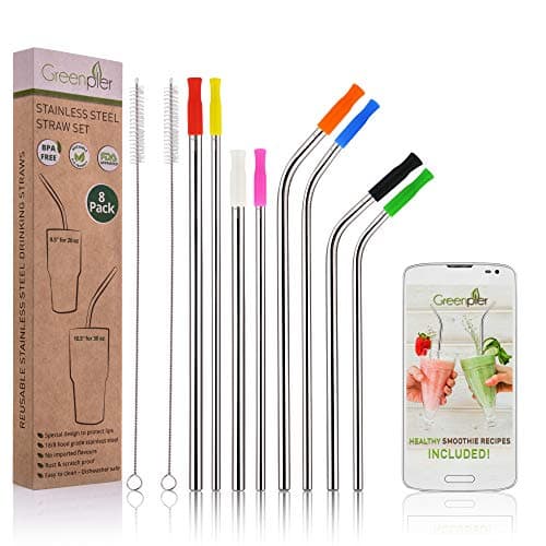Reusable Stainless Steel Drinking Straws with Silicone Tips - Set of 8 10.5 & 8.5 Inch Diameter 0.31&0.24", 2 Long Cleaning Brushes, Eco Bag - Metal Straws For 20-30oz Yeti RTIC Ozark Tervis Tumblers