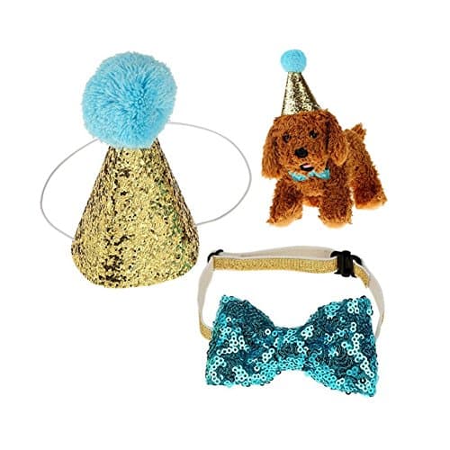 Stock Show Pet Cute Birthday Party Cone Hat and Blingbling Bow Tie Breakaway Collar Set with Adjustable Headband and Pom-poms Topper for Kitten Puppy Small Dogs Cats, Blue