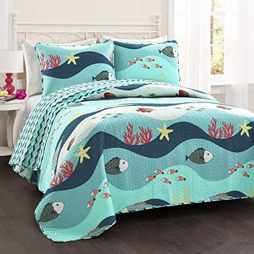 Lush Decor Sealife Fish Ocean Wave Reversible 3 Piece Quilt Bedding Set, Full/Queen, Blue