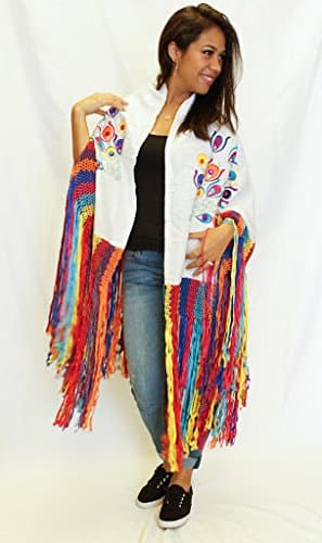 Deluxe-White -Silk-Shawl-Embroidery-with-Beads-and-Macrame-Handmade-in-Peru