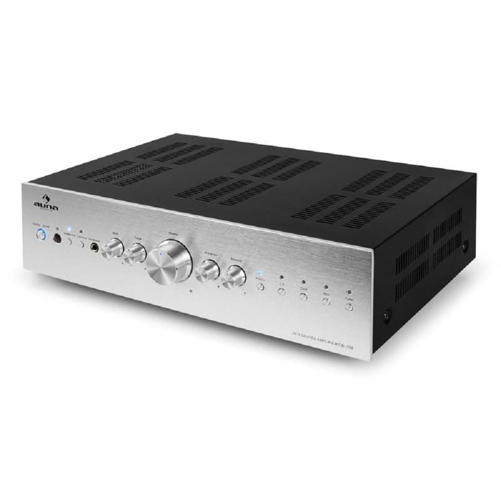 – auna AV2-CD708 - Amplifier Hifi, Amplifier, Stereo Amplifier, 125W RMS, 5 Stereo RCA Line Inputs, RCA Line Output, Remote Control, Front Headphone Output, Silver