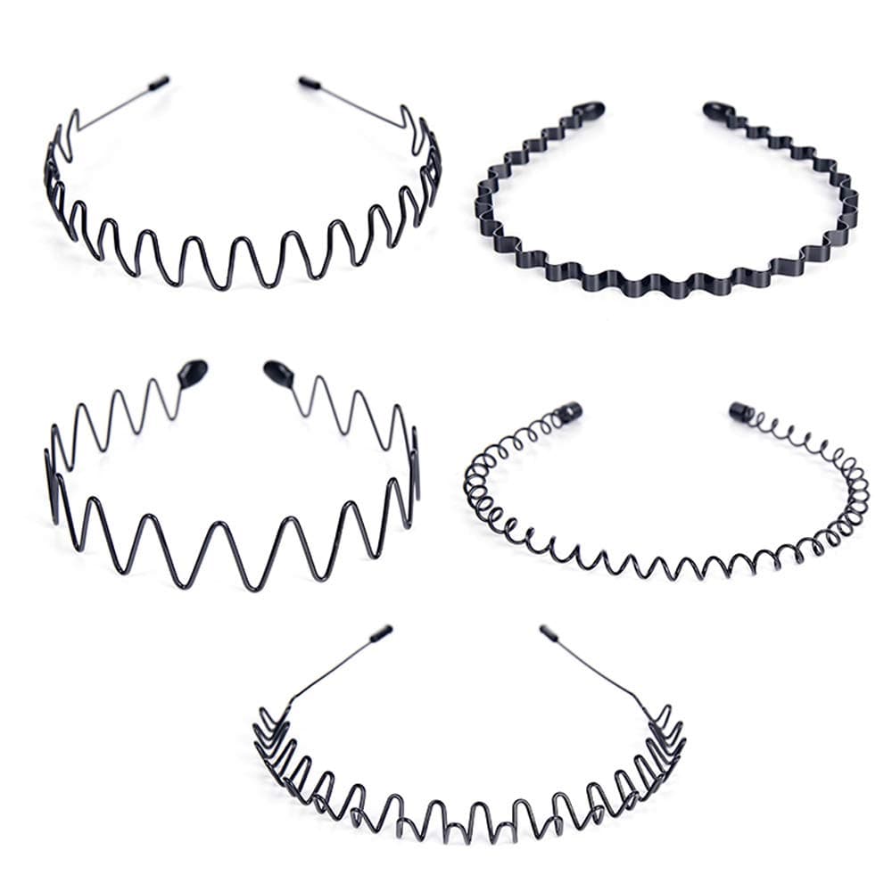5 Pieces Women Men Black Multi-style Spring Wave Metal and Plastic Hair Hoop Hairband Boy Girl Flexible Headband Accessory-Black