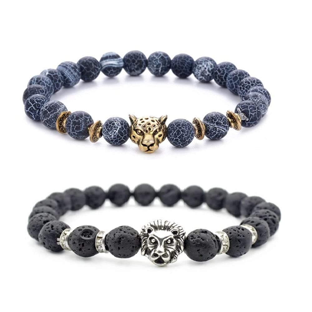 Ricjurzzty 2 PCS Black Lava Stone Bracelets With Tiger and Lion Beads Natural Stones Gemstones Oil Diffuser Yoga Menditation Beads Bracelets for Men Women Girls Jewelry, One Size