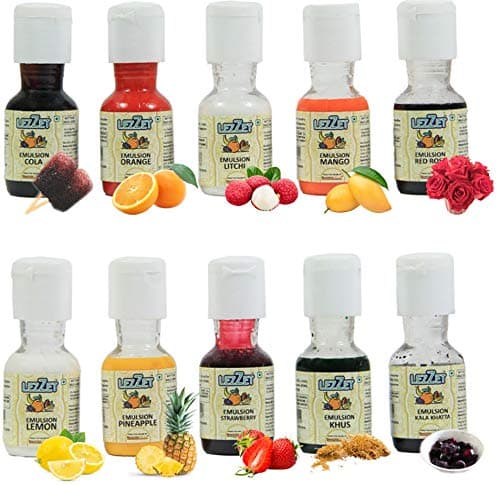 Lezzet Emulsion Assorted 20ml, Pack Of 10 Emulsion (Orange, Mango, Pineapple, Lemon, Khus, Red Rose, Kala Khatta, Strawberry, Cola, Litchi)