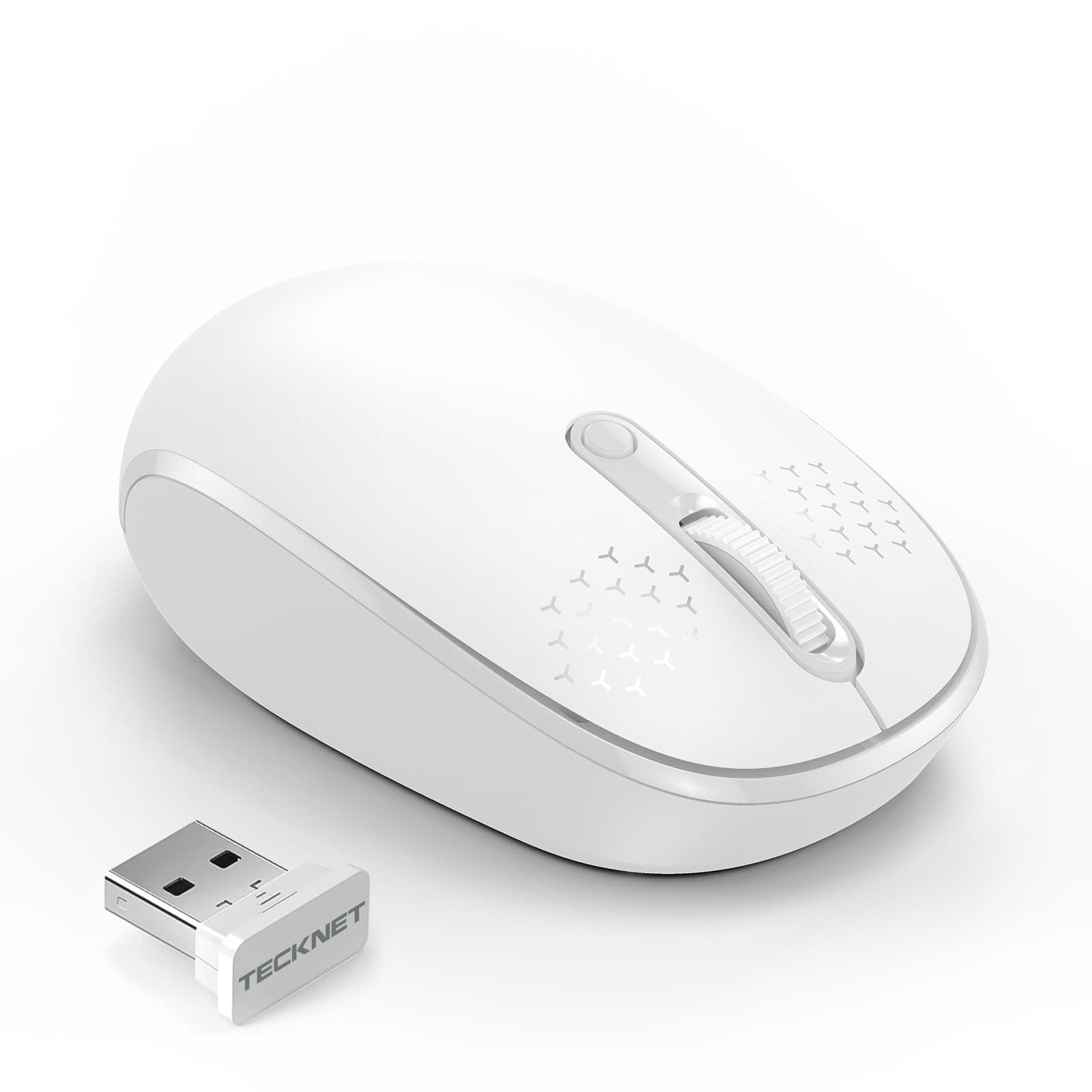TECKNET Wireless Mouse for Laptop, Quiet with USB Receiver, 4 Buttons Portable Cordless, 800/1200/1600 DPI, White