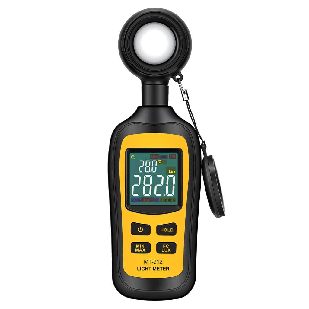Handheld Digital Light Meter Ambient Temperature Measurer with Range up to 200,000 Lux with 4 Digit Color LCD Screen, Black and Yellow