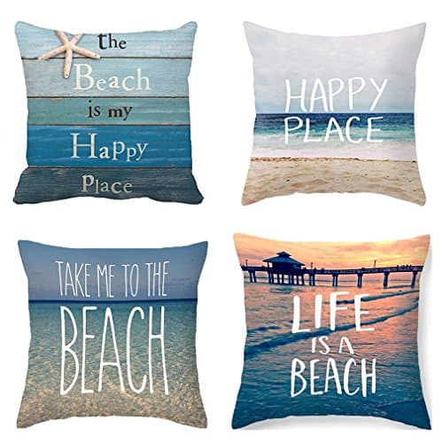 PSDWETS Home Decor The Beach is My Happy Place Pillow Covers Set of 4 Cotton Linen Beach Decor Throw Pillow Case Cushion…