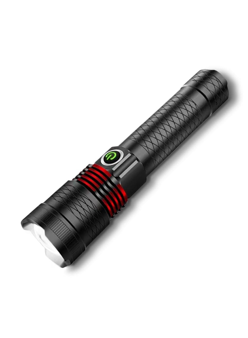 Impex Rechargeable LED Flashlight | 10W Laser LED | 500 Lumens | 1800m Range | 3 Modes (High, Low, SOS) | Aircraft Non-Corrosive Aluminum Body | Type C Charging | Rotatable Head | Powerful Light Beam
