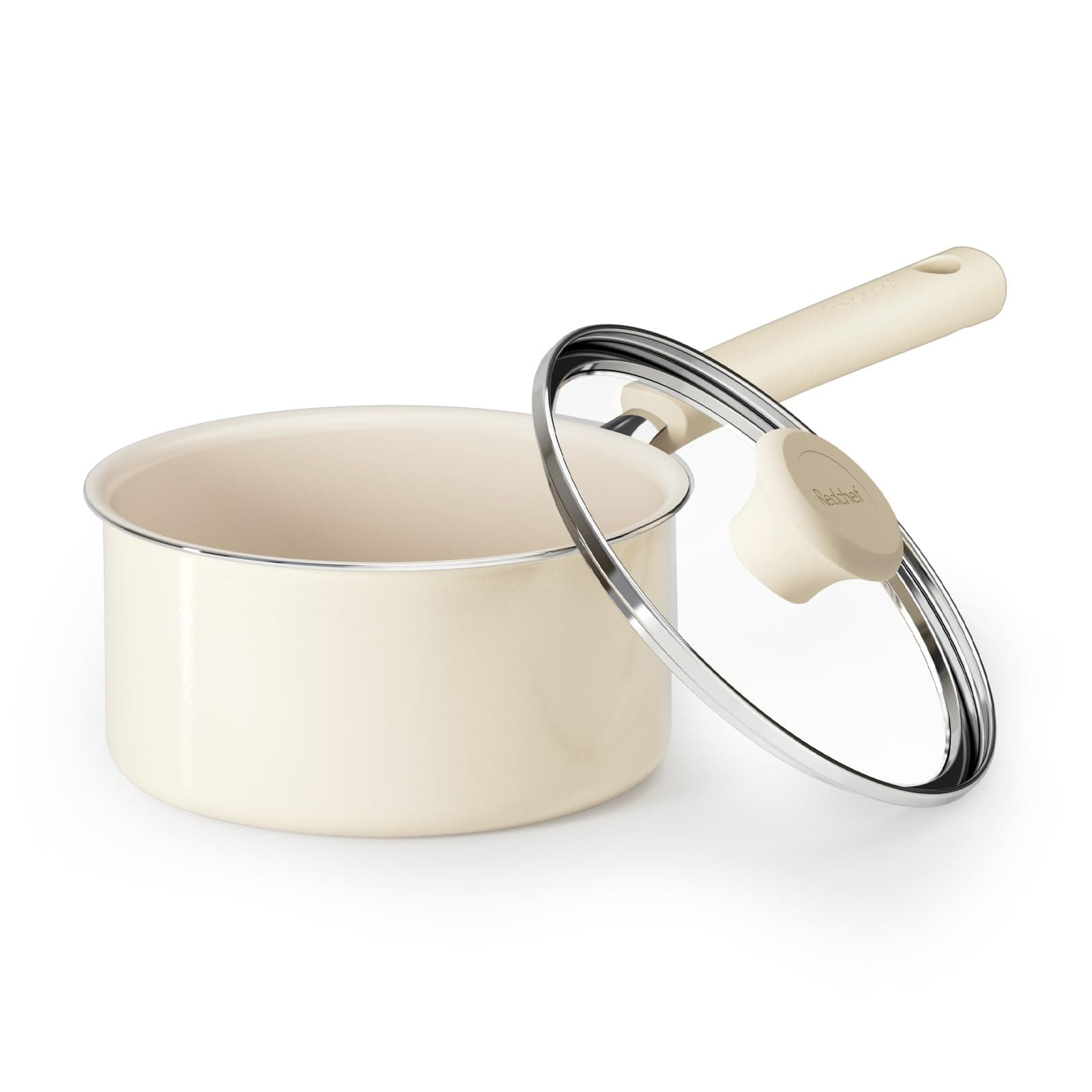 Cream Ceramic Non-Stick Saucepan, 1.7 Qt, With Lid, PFAS & PFOA Free, Dishwasher Safe, Compatible With All Stovetops