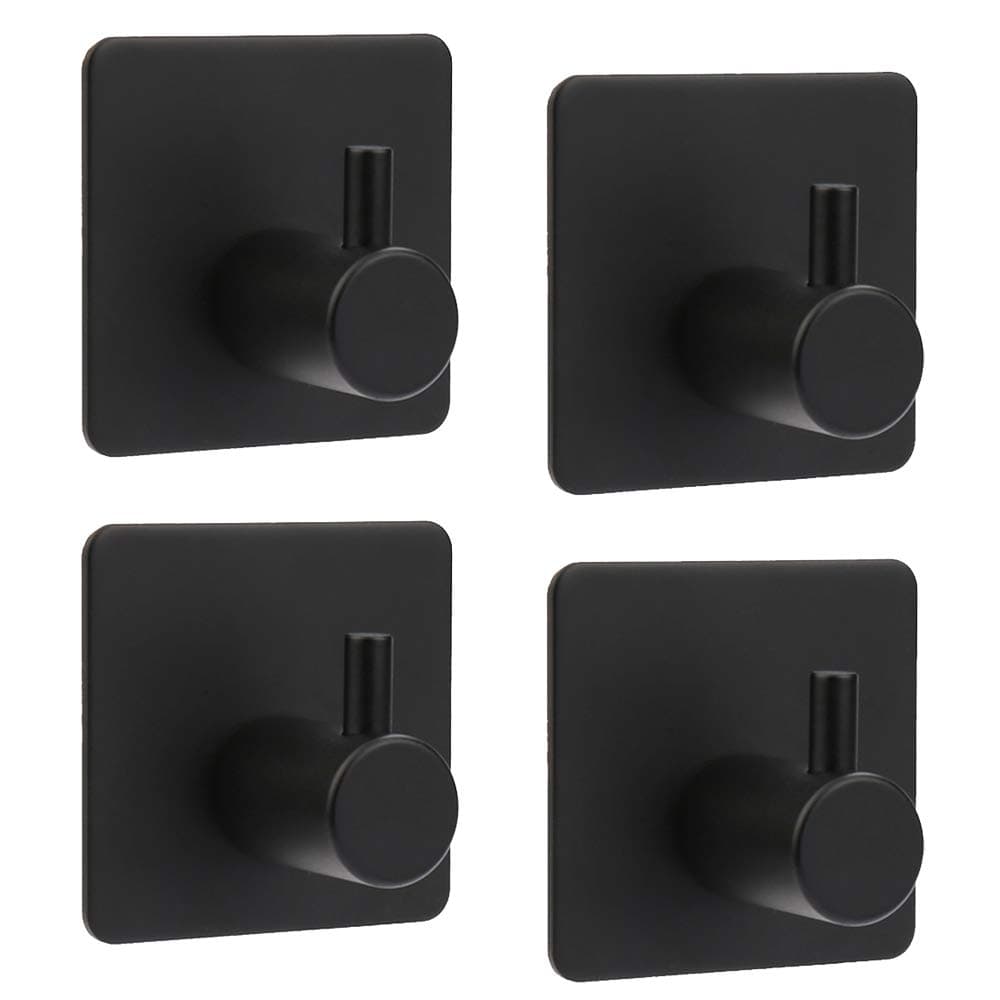 ShineMeSelf Adhesive Hooks, Stick on Hooks 304 Stainless Steel Heavy Duty Wall Sticky Hooks for Hanging Coats Key Towel on Bathroom Kitchen Door Office (Black, 4 Pack)