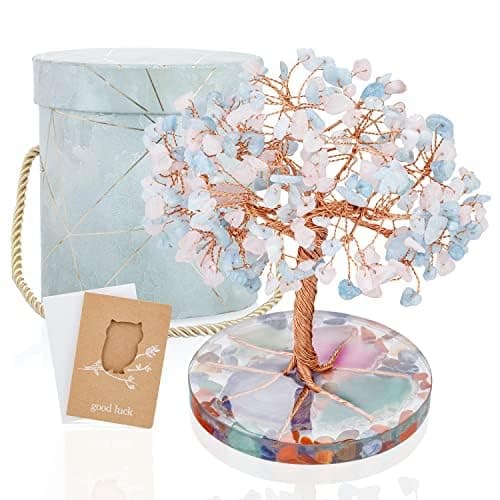 ZenBless 7 Chakra Healing Crystals Stones Tree, Pink Crystal Aquamarine Leaf Wire Wrapped on Agate Slice Base, Home Office Desk Living Room Feng Shui Decoration for Wealth and Luck