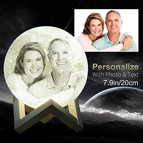 Customizable Moon Lamp Night Light with Your Own Picture & Text, 3D Printed Moon Lantern with Stand and Touch Control for Changing Color and Brightness (7.9 inch (20cm))