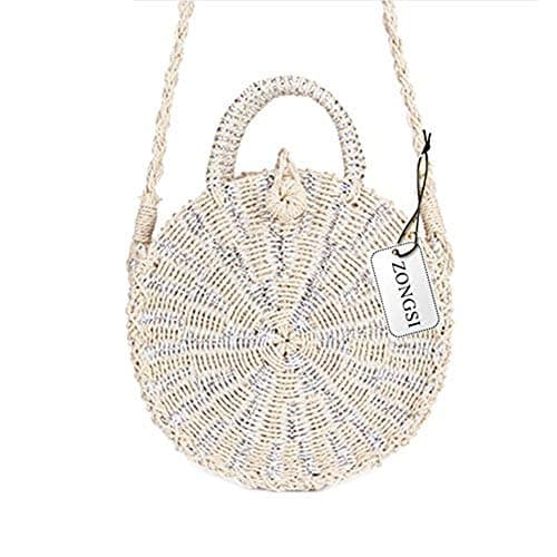 Zongsi Mini Handmade Round Straw Beach Bag Shoulder bag for women (Silver)