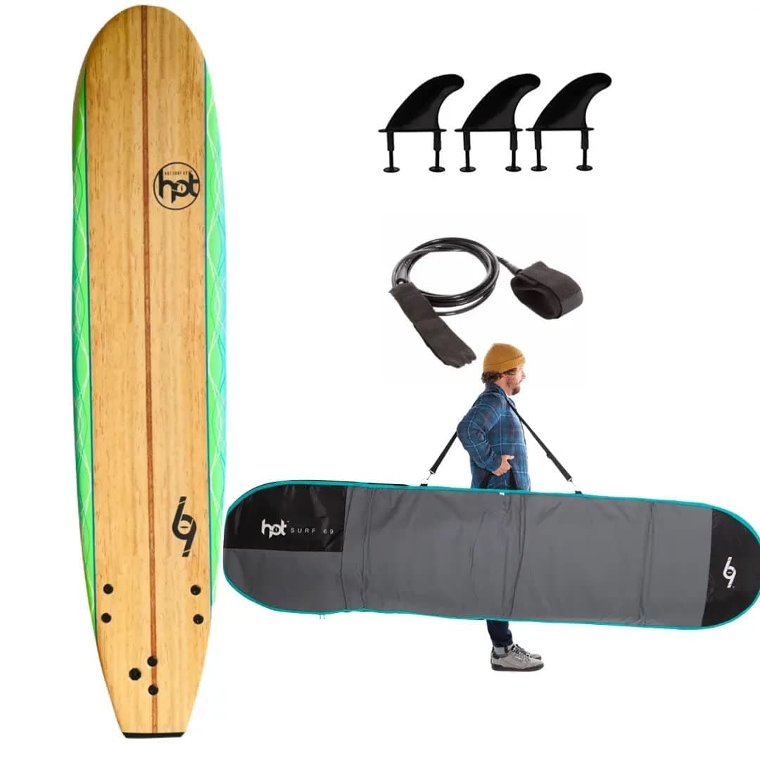 Hot Surf 69 9ft Soft Longboard Beginners Surfboard Package Deal Bag Leash Wax