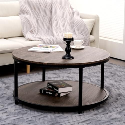 Round Coffee Table, 35.5" Rustic Coffee Table,Cocktaile Table with 2-Tier Wooden Storage Shelf, Modern Living Room Furniture, Light Walnut