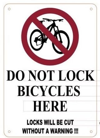 BUILDINGSIGNS.COMDo Not Lock Bicycles Here - Do Not Lock Bicycle On Fence Warning Sign (Aluminum, Size 7" X 10" Inch, White,X)