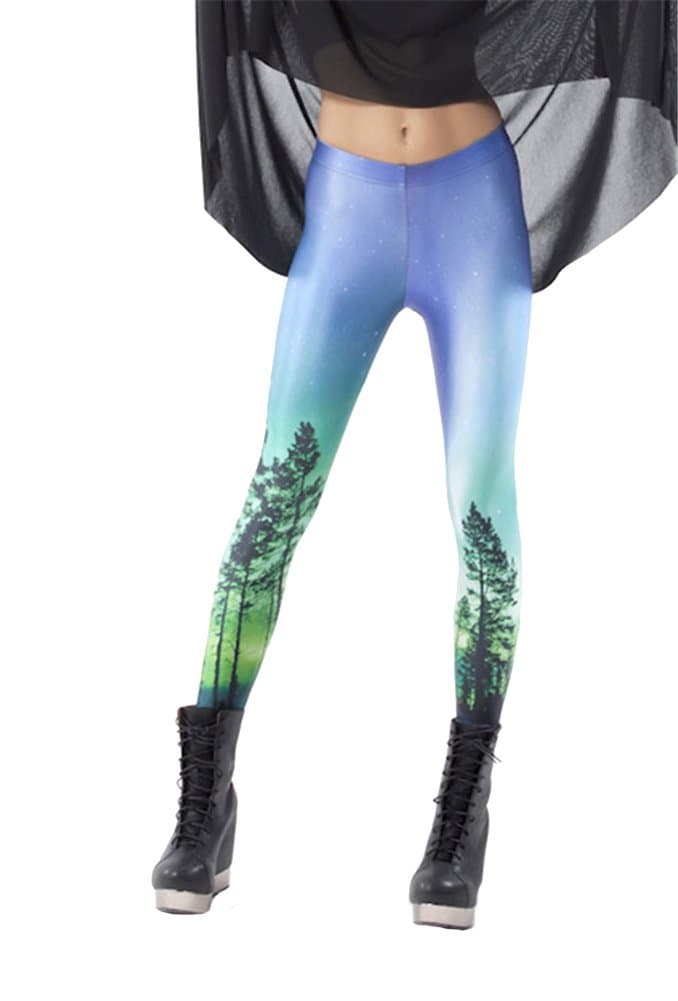 Women's Designed Digital Print Aurora Sky Pattern Sexy Stretch Leggings(Green)