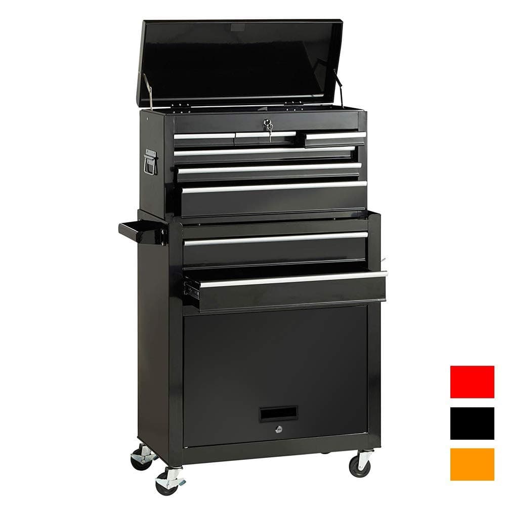 2Pcs Tool Storage Box Portable Top Chest Rolling Tool Box Organizer Sliding Drawers Cabinet Keyed Locking System Toolbox Black