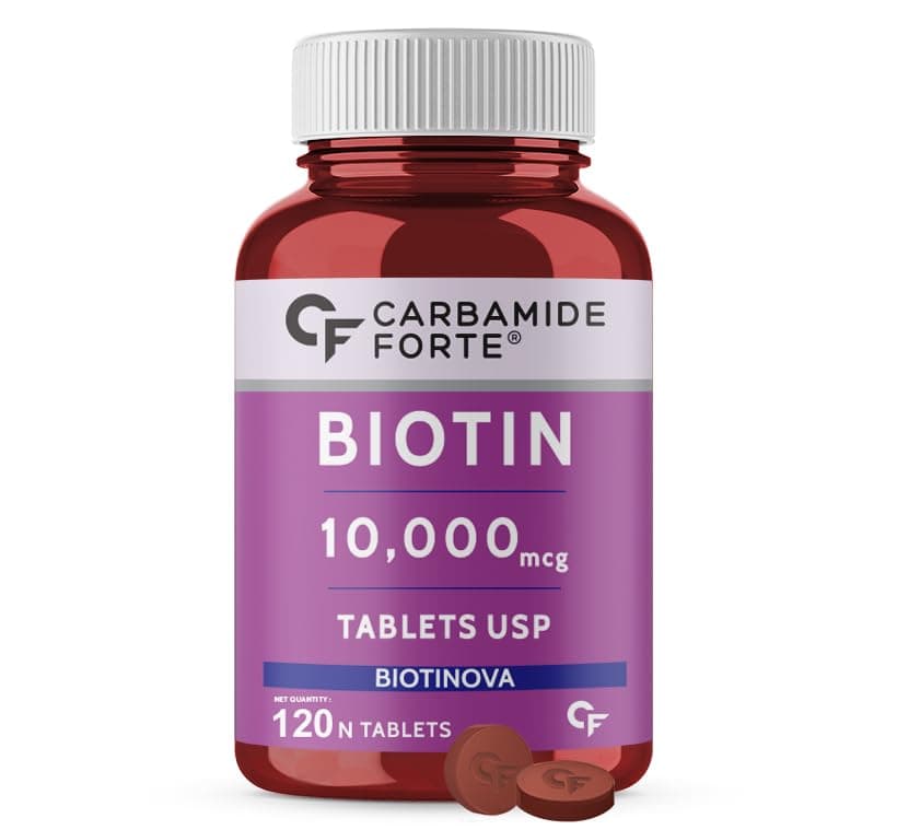 Carbamide Forte Biotin 10000mcg (High Potency) per Veg Tablet - Supports Hair Growth, Glowing Skin and Strong Nails - Biotinova (120 Tablets)