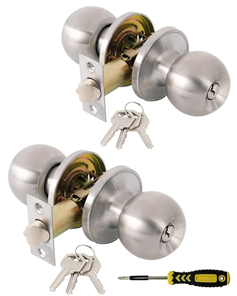 Lanwandeng 2 Pack Entry Door Knobs with Lock and Key, Front Door Locks, Satin Nickel Standard Ball Handles Exterior Door Lockset