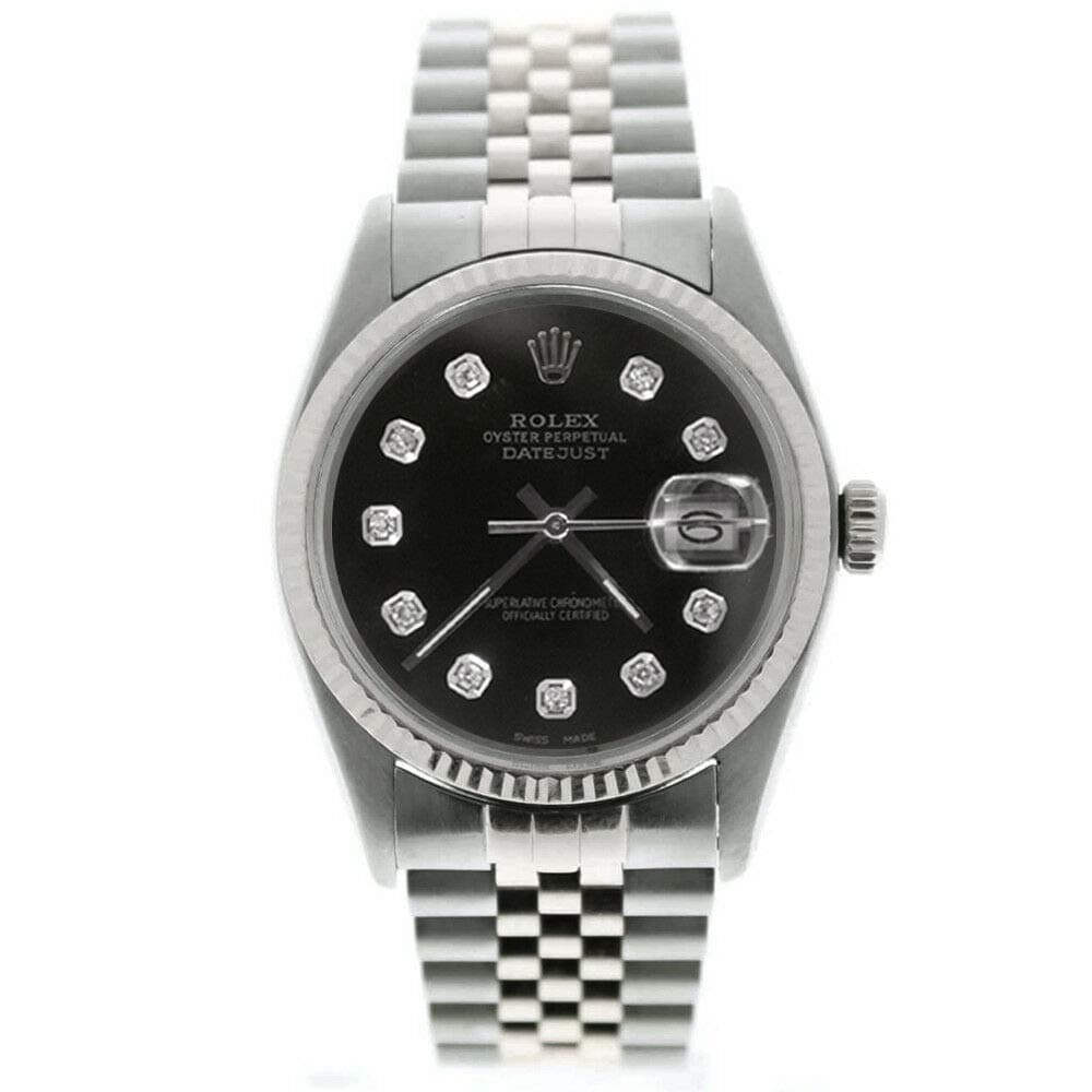 Rolex Men's Datejust 16014 Jubilee Band Custom Added Black Diamond Dial 18k Gold Fluted Bezel (Certified Preowned)