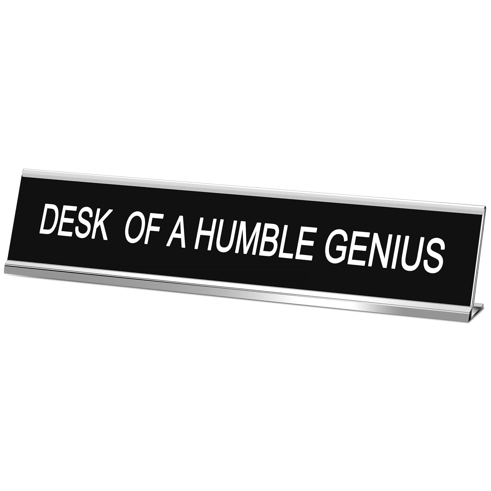 Menkxi Funny Desk Signs for Office, Novelty Nameplate Office Decor Black Desk Plaque for Women Men Coworker Gift Home Supply Accessories, 10 x 2 Inch(Desk of A Humble Genius)