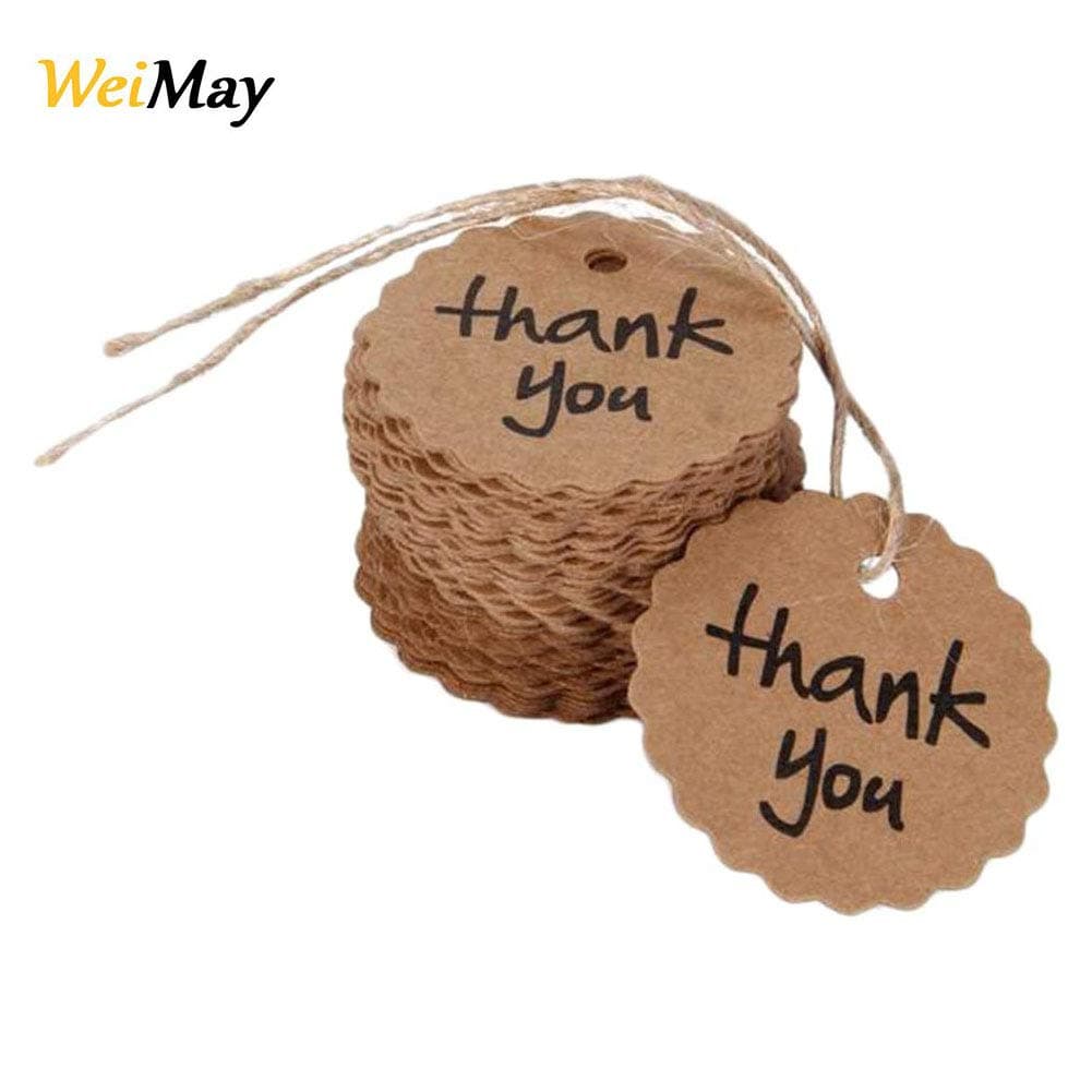 Round Tags,WeiMay 100Pcs Brown Kraft Paper Gift Tags,Blank Name Cards Price Label Card Hanging Tags for Wedding Birthday Party (Thank You)