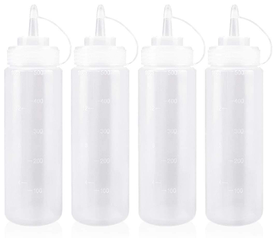 Sauce Squeeze Bottle 500ml with Cap 4PCS Plastic Squeeze Bottle Dispenser for Condiments, Seasoning, Ketchup, Mustard, Mayo, Olive Oil, Clear, 16oz