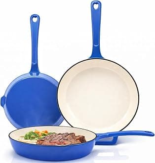 Enameled Cast Iron Skillet - Ceramic Coated 8''/9.5''/11'' Fry Pan Set, Gas/Induction/Electric/Oven Compatible, 3 Size Frying Pans, PTFE & PFOA Free, Cast Iron Ceramic Cookware, Cobalt Blue