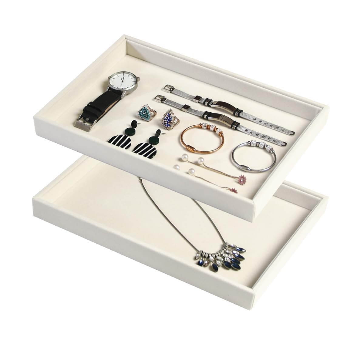 2Pcs/Set Stackable Jewerlry Organizer Tray Beige Velvet Blank Tray Holder for Beads Bracelets Necklaces Earrings Store Selling or Home Show